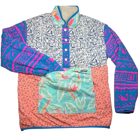 Chubbies 80s Beach Club Pullover Reversible‎ Sherpa Jacket Mens S Colorful Neon